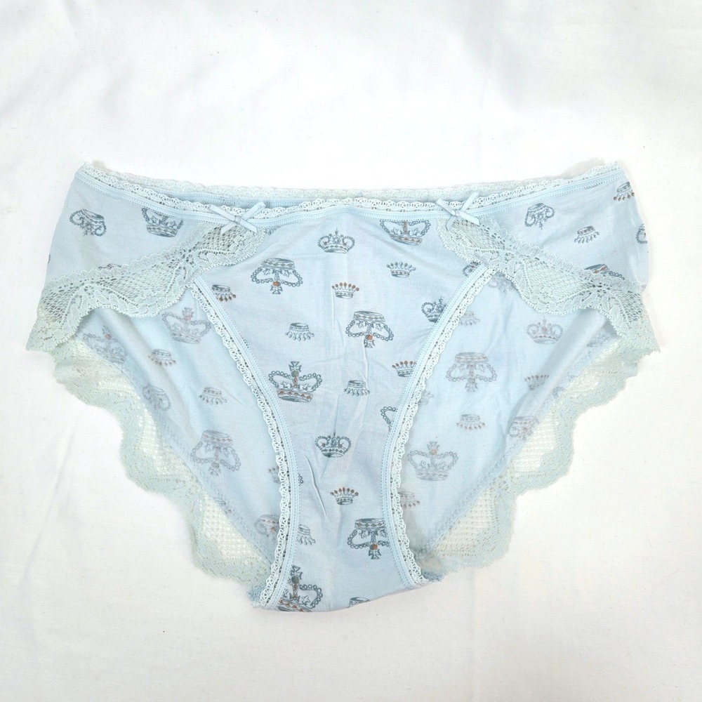 Vtg Victorias Secret Angels Blue Allover Crown Print Lace Bikini Panty Large NWT